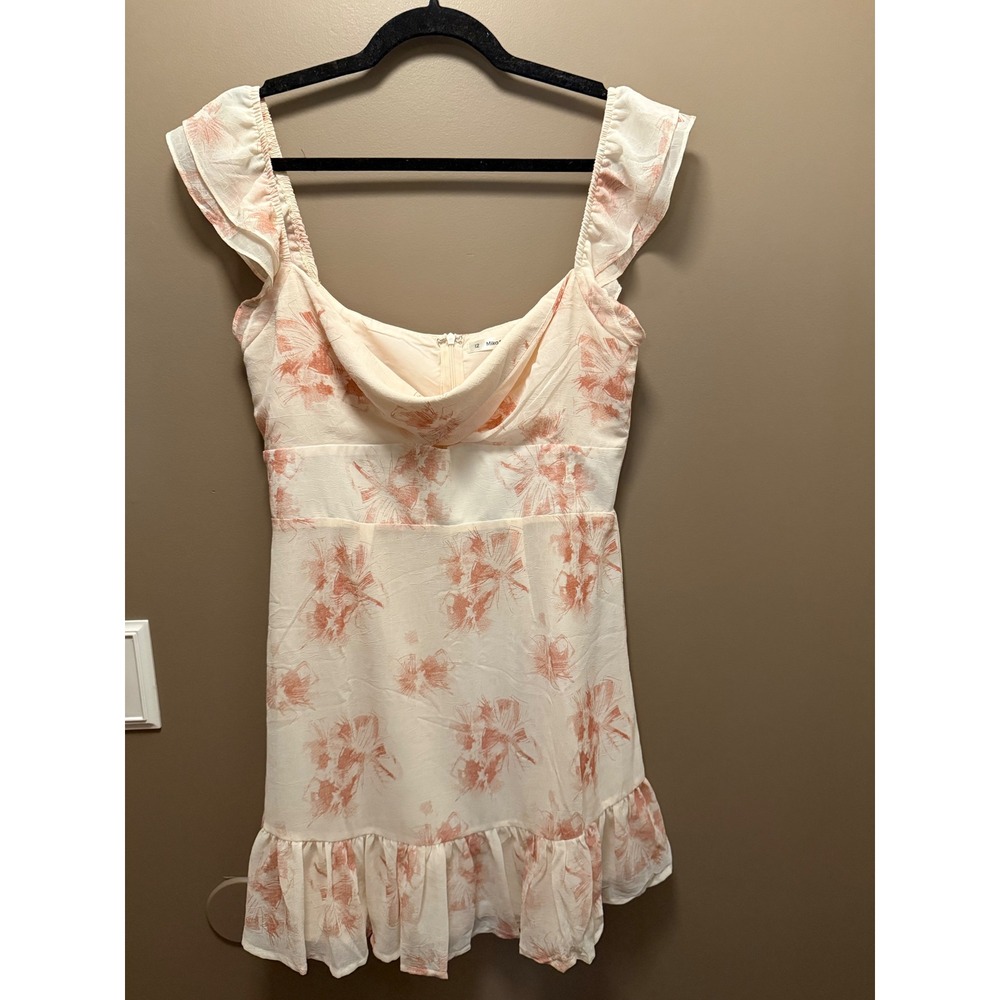 Mika & Gala Floral Mini Dress Peach Cream Ruffle Sleeve Cowl Neck Size 12